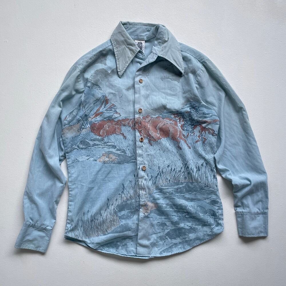 Vtg 70s Kennington Native American Hunting Buffalo AOP Shirt Sz M Dagger Collar